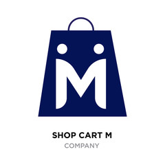 shop cart m letter logo, blue shopping bag icon