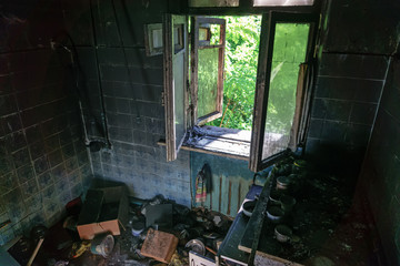 Fototapeta na wymiar Burned house interior after fire