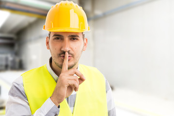 Factory or company engineer making shush silence gesture.