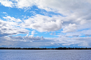 View on Volga river from Samara city at sunny cloudy day, Beautiful blue sky with cumulus clouds