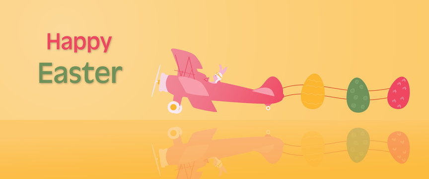 Happy Easter. Rabbit in airplane with Easter eggs in trendy colors with text: Happy Easter.