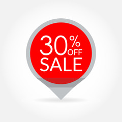 Sale and discount pointer or sticker. 30 percent price off tag icon. Vector illustration.