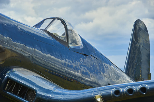 Close up view of cockpit World War 2 fighter plane. American fighter aircraft that saw service primarily in World War II. Carrier-based
