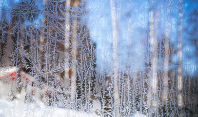 Window frost. Ice crystals pattern texture
