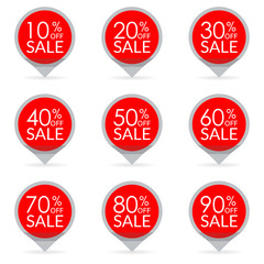 Sale set. 10, 20, 30, 40, 50, 60, 70, 80, 90 percent sale. Discount pointers or markers.  Price off tag icon.  Vector illustration.