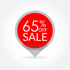 Sale and discount pointer or sticker. 65 percent price off tag icon. Vector illustration.
