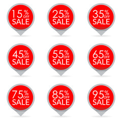 Sale and discount pointer or sticker set. 15,25,35,45,55,65,75,85,95 percent price off tag icon. Vector illustration.