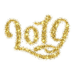 Golden numbers 2019. Glitter text effect. New year lettering with bright sparkles.