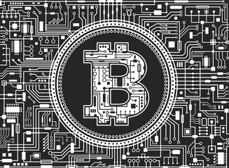 Fototapeta na wymiar Bitcoin digital currency background. Futuristic chipset technology network concept. Vector black and white horizontal illustration.