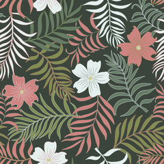 Tropical background with palm leaves and flowers. Seamless floral pattern. Summer vector illustration