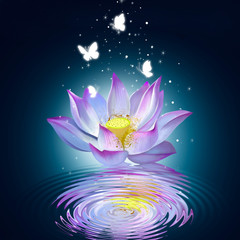 Lotus on the water creates ripples on the water, surrounded by butterflies and small bright stars