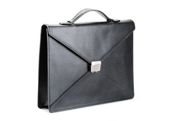 black leather elegant briefcase for documents, on white background