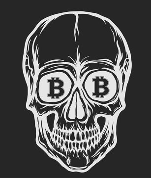 Skull with bitcoin symbols in the eyes. Vector isolated on black background. Handdrawn illustration.
