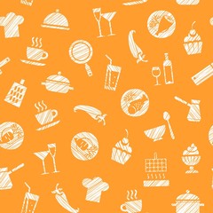 Cooking, seamless pattern, orange, vector. Dishes and food. Hatching with a white pencil on the orange field. Imitation. Vector pattern. 