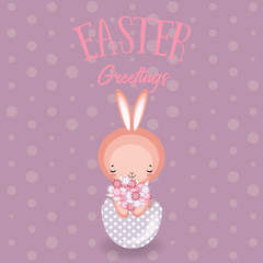 Set of cute Easter bunny, Easter eggs and flowers