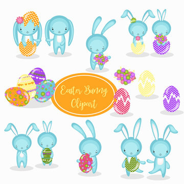 Set of cute Easter bunny, Easter eggs and flowers