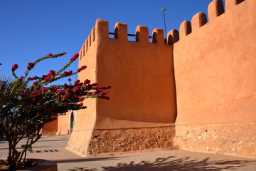 Fototapeta Piękny mur w stylu architektury arabskiej zwieńczony blankami, w kolorze brzoskwiniowym, przed murem egzotyczne nieduże drzewko, pięknie kwitnące na fioletowo, pusta ulica, błękitne bezchmurne niebo obraz