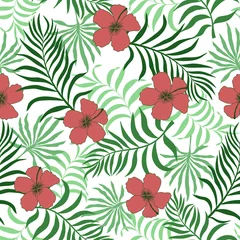 Selbstklebende Fototapeten Tropical background with palm leaves and flowers. Seamless floral pattern. Summer vector illustration © bell1982