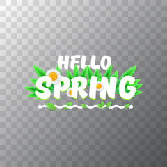 vector hello spring cut paper banner with text and flowers. hello spring slogan or label isolated on transparent background