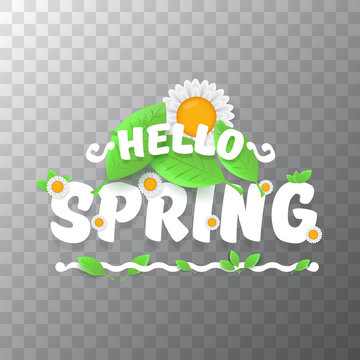 vector hello spring cut paper banner with text and flowers. hello spring slogan or label isolated on transparent background