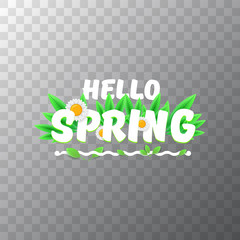 vector hello spring cut paper banner with text and flowers. hello spring slogan or label isolated on transparent background