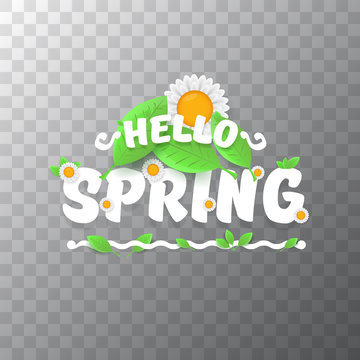 vector hello spring cut paper banner with text and flowers. hello spring slogan or label isolated on transparent background