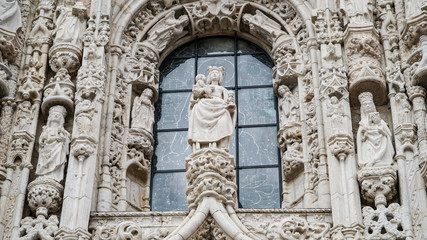 Fototapeta na wymiar Architectural Details of Jeronimos Monastery or Hieronymites Monastery, , Lisbon, Portugal. Lisbon is continental Europe's westernmost capital city and the only one along the Atlantic coast.