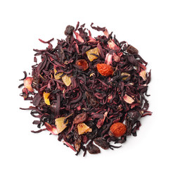 Top view of organic herbal tea with fruits and flowers