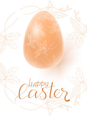 Happy Easter Lettering on the floral pattern with realistic natural color egg hand drawn ornament on. Vector illustration EPS10