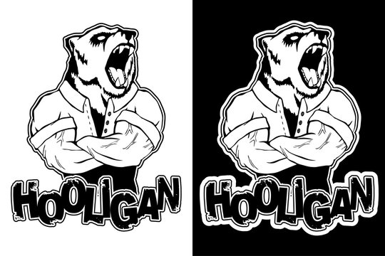 print on T-shirt "hooligan" with a bear image