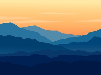 Vector landscape with blue silhouettes of mountains and hills with beautiful orange evening sky. Huge mountain range silhouettes in twilight. Vector hand drawn illustration.