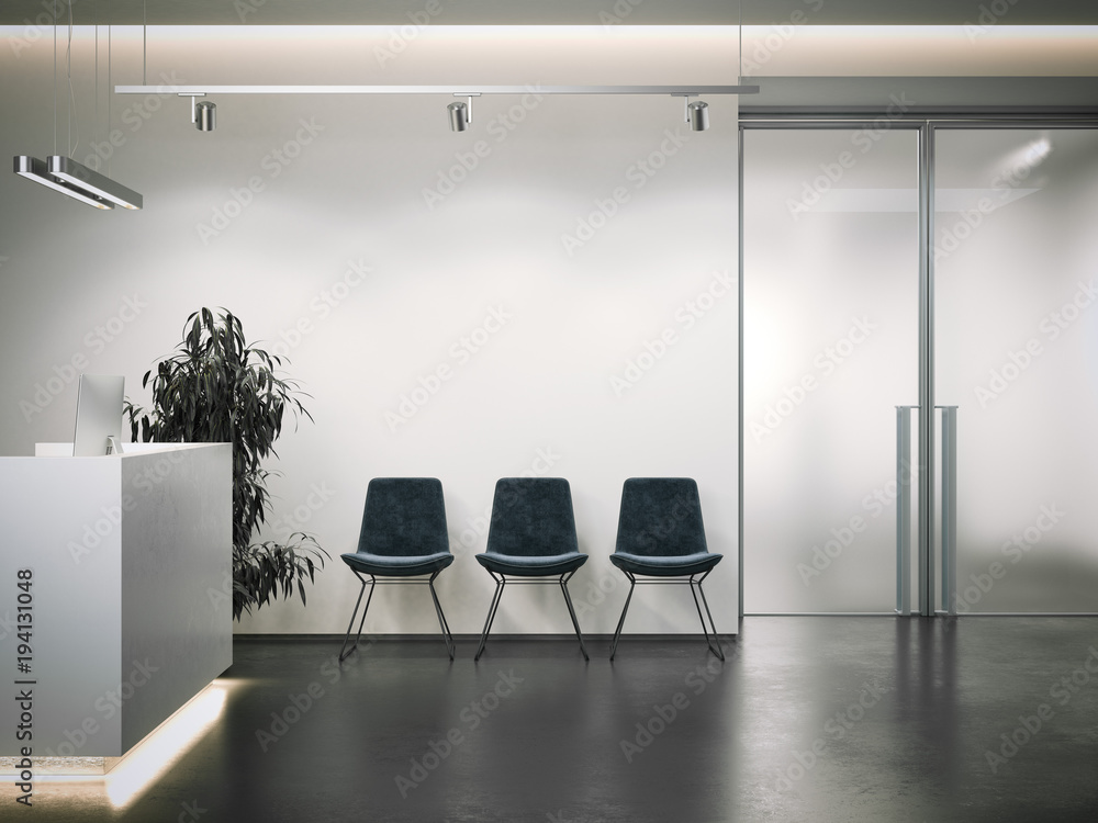 Poster bright office reception with waiting area. 3d rendering