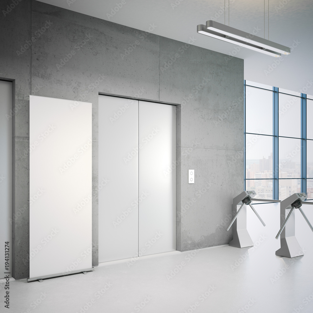 Poster elevators and white rollup banner. 3d rendering