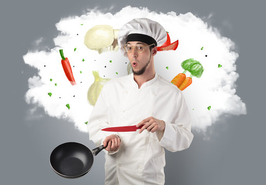 Vegetables on cloud with male cook