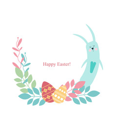 Easter frame - eeping rabbit, flowers, plants, eggs. Greeting card. Vector isolated illustration.