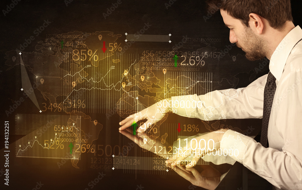 Poster Hands navigate on high tech smart table with business icons