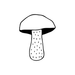 Linear cartoon hand drawn mushroom. Cute vector black and white doodle mushroom. Isolated monochrome mushroom object on white background.