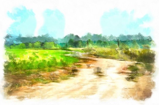 Watercolor rural landscape, road through the field, on a hot Sunny summer day, around only planted fields and far away forest