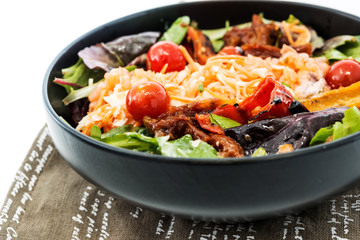 Fresh salad - Delicious fresh salad with tomatoes, lettuce, eggplant, zucchini, cheese, parma ham and olive oil.