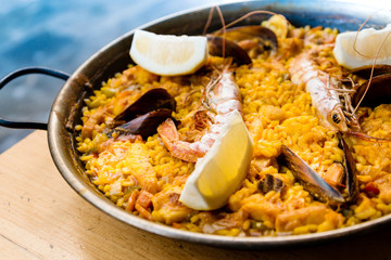 Prawn with rice - closeup of prawn with rice - traditionnal spanish food paella