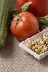 Sprouted beans. Tomato and cucumber. Healthy food