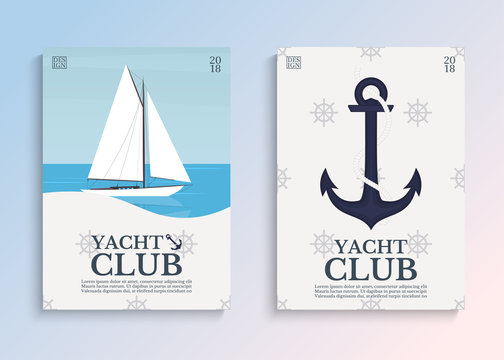 Yacht club. Sailboat in the open sea. Template for covers, card or poster. Vector illustration.