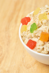 Bright colors. Oatmeal with dried fruits. Useful breakfast