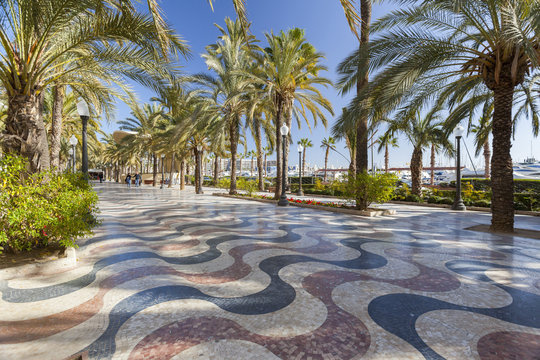 Popular street maritime promenade close to port,Alicante, Spain.