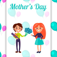 Mothers Day Postcard with Little Kids Illustration