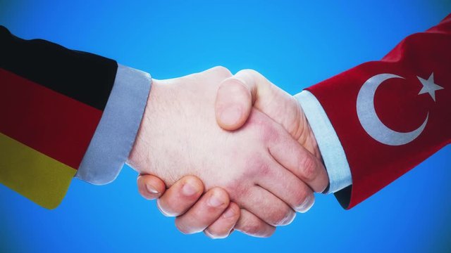 Germany - Turkey / Handshake concept animation about countries and politics / With matte channel
