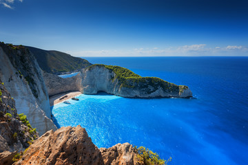 Fototapeta na wymiar Ship Wreck beach and Navagio bay. The most famous natural landmark of Zakynthos, Greek island in the Ionian Sea