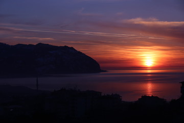 sunset, sky, sun, sunrise, sea, nature, clouds, landscape, water, mountain, cloud, ocean, evening, light, mountains, night, blue, lake, orange, coast, view, sundown, red, travel, island