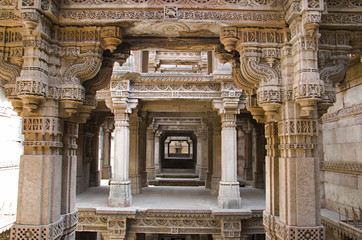 Inner view of Adalaj Ni Vav (Stepwell) or Rudabai Stepwell. Built in 1498 by Rana Veer Singh is five stories deep. Ahmedabad, Gujarat, India