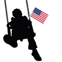 child on a swing with an American flag